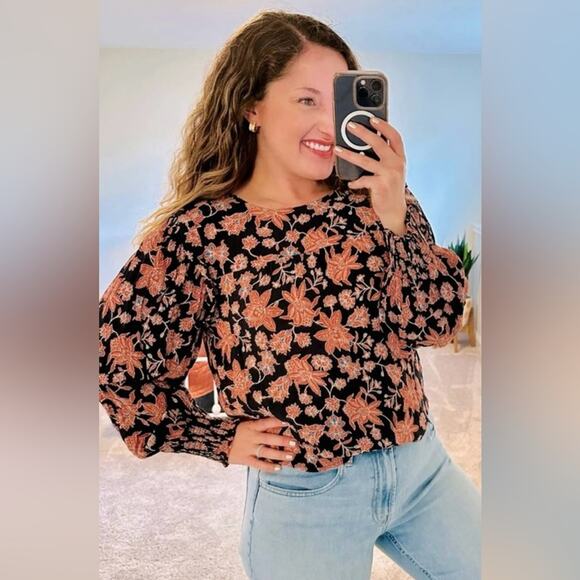 Rebecca Minkoff Floral Blouse Top Ruffle Shoulder Smocked Sleeve Flower Large - Picture 3 of 12